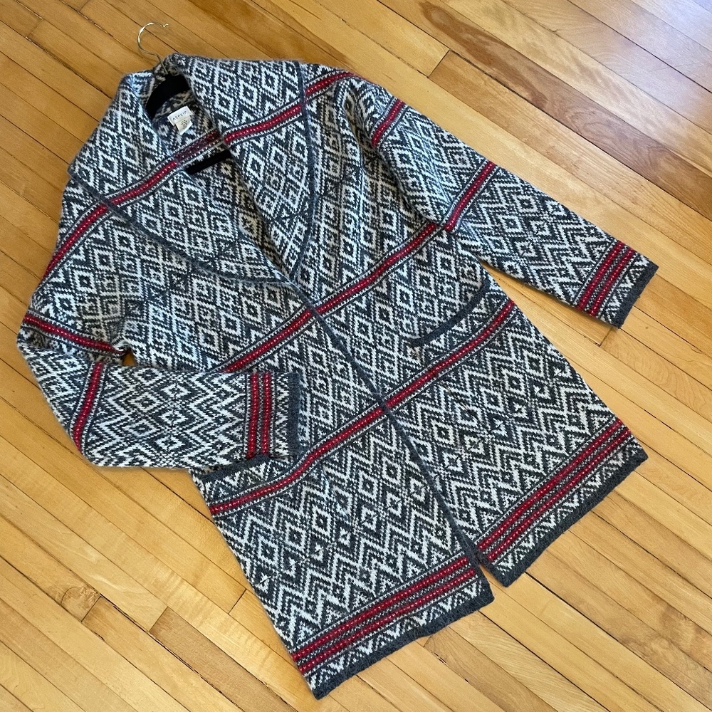 ASPEN Fair Isle Nordic Scandi Duster Sweater Cardigan Shawl Collar Pockets - Picture 1 of 11